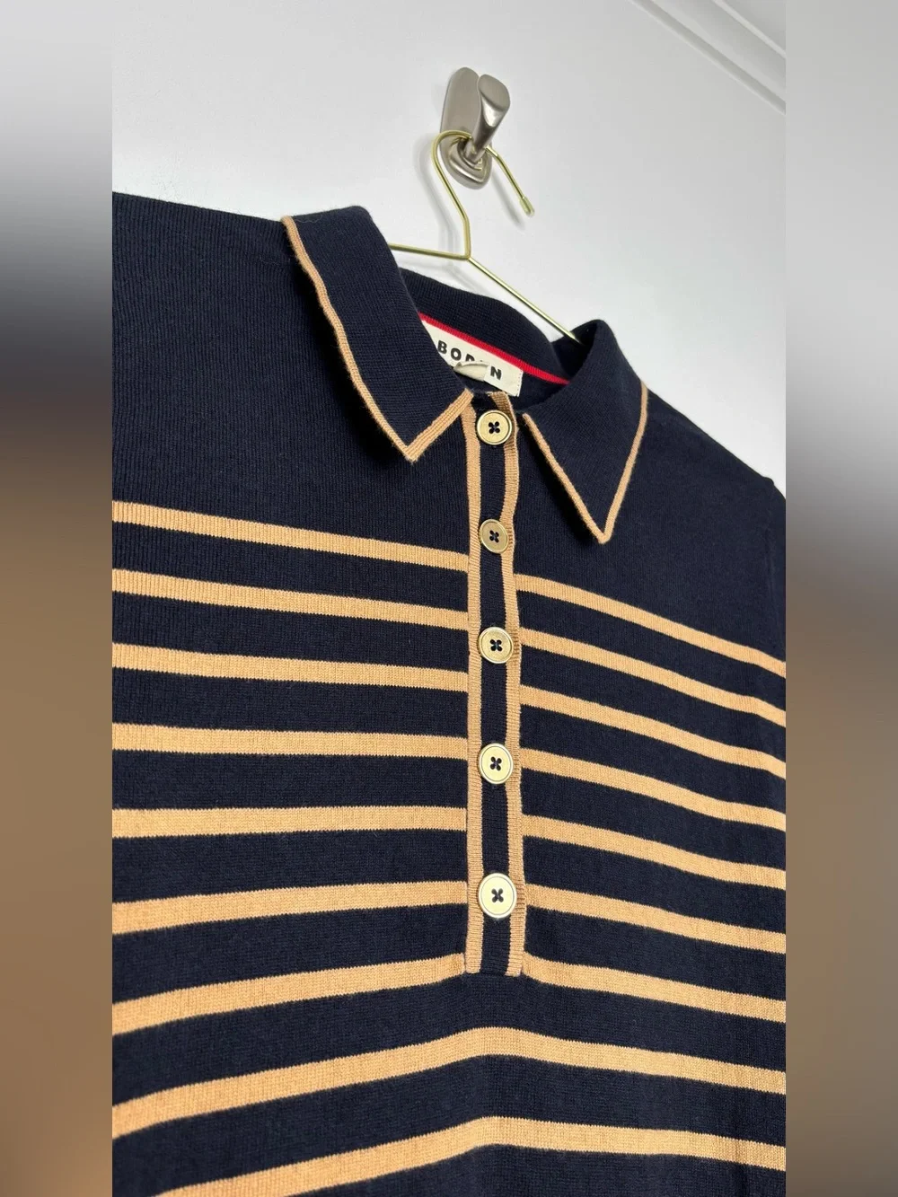 Boden Liz Henley Jumper Navy Camel Stripe Gold Button Knit Sweater Size M